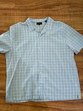Vince Light Blue Windowpane Short-Sleeve Button-Up Shirt